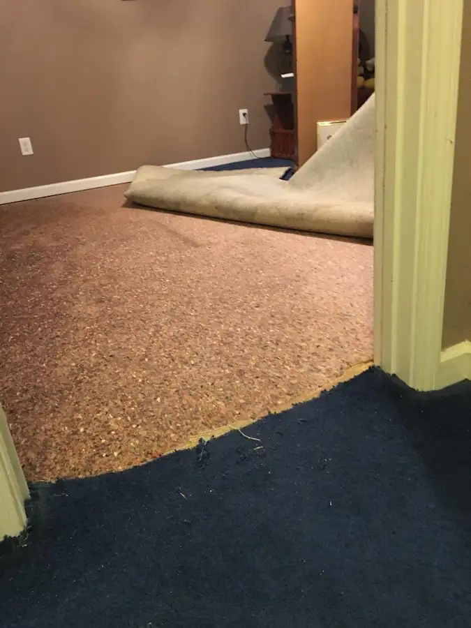 Carpet pad removal revealing water damage during Water Mitigation Services in Roswell